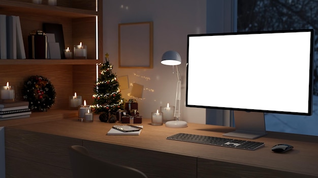 Przytulny domowy obszar roboczy w noc Bożego Narodzenia z makietą i wystrojem komputera stacjonarnego PC