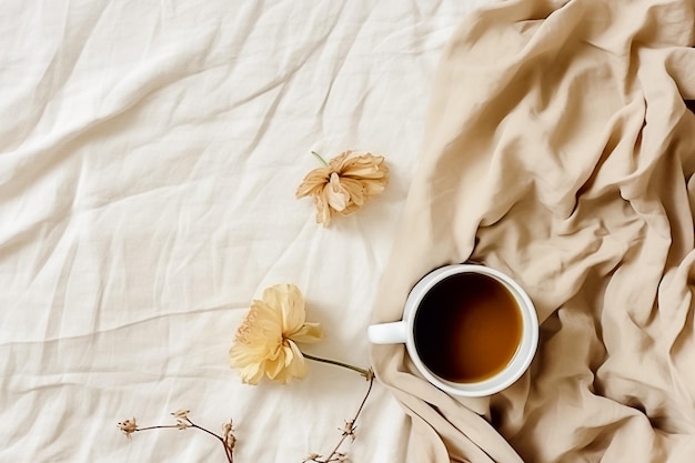 Przytulny domowy płaski kubek z kawą i kwiatami na białych prześcieradłach Minimal Style Ai wygenerowany
