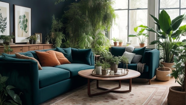 Przytulny i spokojny salon z pięknymi roślinami pokojowymi, tworzącymi atmosferę przypominającą