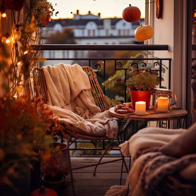 Przytulny jesienny wystrój balkonu Ciepły jesienny wystrój balkonu miasta z krzesłem i poduszkami, dyniami, żółtymi liśćmi i świecami w popołudniowym świetle
