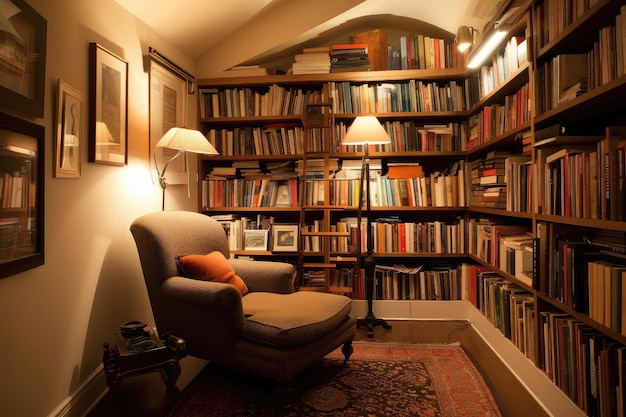 Przytulny kącik do czytania z sięgającymi od podłogi do sufitu półkami na książki i wygodnym fotelem