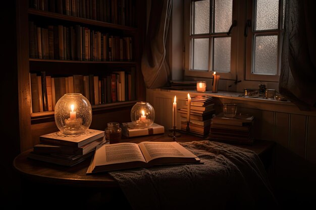 Przytulny kącik do czytania ze świecami i książką na stole