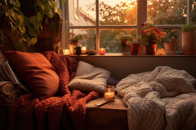 Zdjęcie przytulny kąt z pluszowymi poduszkami, kocami i jesiennymi akcentami, ilustracja wygenerowana przez sztuczną inteligencję