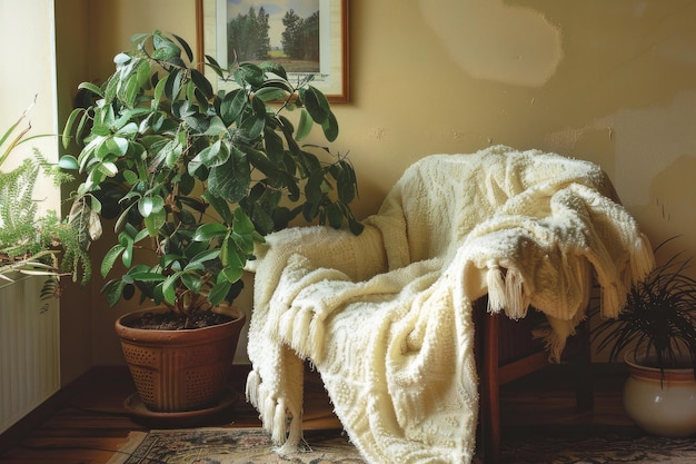 Zdjęcie przytulny kąt z rośliną domową i kocem