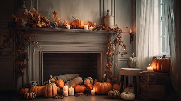 Zdjęcie przytulny kominek z jesiennymi dekoracjami, takimi jak dynie i liście na płaszczu