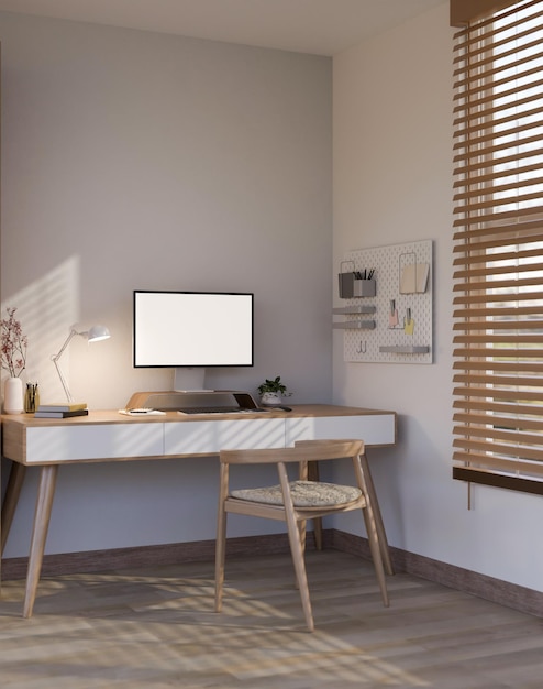 Przytulny, minimalistyczny projekt wnętrza domowego miejsca pracy z makietą komputera PC na drewnianym fotelu stołowym