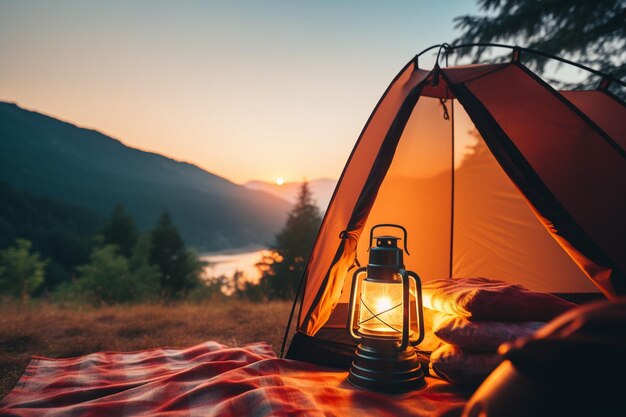 Przytulny namiot oświetlony ciepłym blaskiem latarni o świcie