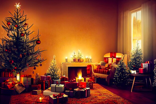 Przytulny pokój w stylu vintage, urządzony w stylu bożonarodzeniowym, z zabawkami w postaci świec do kominka na choinkę