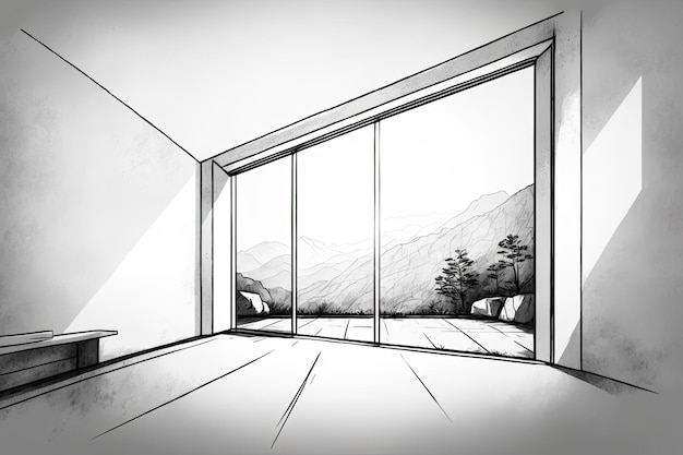 Przytulny pokój z panoramicznym widokiem na majestatyczne góry Generatywna sztuczna inteligencja