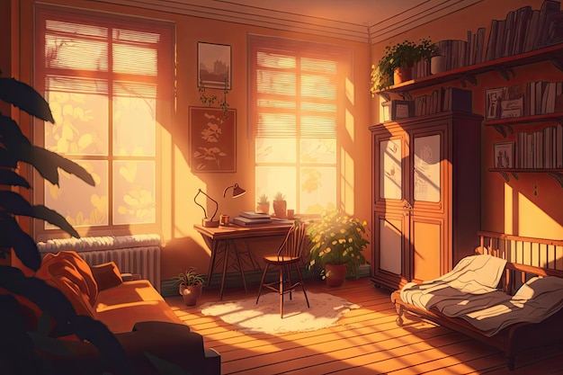 Przytulny pokój z promieniami słońca i ciepłymi kolorami stworzony za pomocą generatywnej ai
