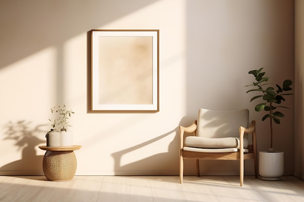 Zdjęcie przytulny salon beżowe wnętrze z makiety szablon ramki plakatowej na ścianie drewniane wygodne krzesło fotel stolik kawowy miska doniczka cień światła okna minimalistyczny apartament projekt domu