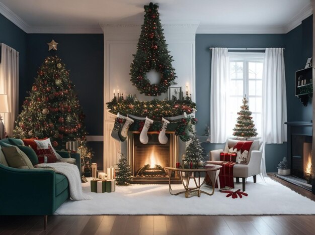 Przytulny salon oświetlony licznymi lampkami, udekorowany, gotowy do świętowania Bożego Narodzenia, wystrój pokoju bożonarodzeniowego, choinka ozdobiona światłami, świecami i girlandą, oświetleniem kominka w pomieszczeniu