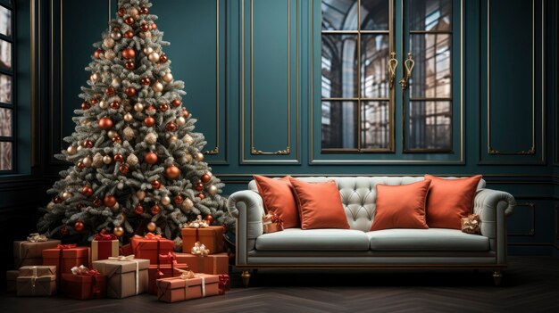 Przytulny salon oświetlony licznymi lampkami, udekorowany, gotowy do świętowania Bożego Narodzenia, wystrój pokoju bożonarodzeniowego, choinka ozdobiona światłami, świecami i girlandą, oświetleniem kominka w pomieszczeniu