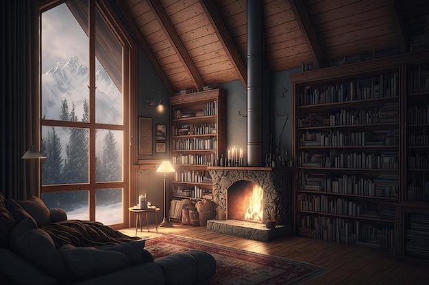 Przytulny salon w domku z kominkiem i półką na książki stworzony za pomocą generatywnej sztucznej inteligencji