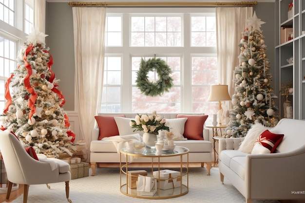 Przytulny salon z choinką i czerwonymi prezentami w nowoczesnym wnętrzu Wesołego Bożego Narodzenia