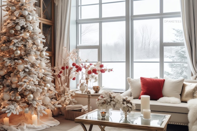Przytulny salon z choinką i czerwonymi prezentami w nowoczesnym wnętrzu Wesołego Bożego Narodzenia
