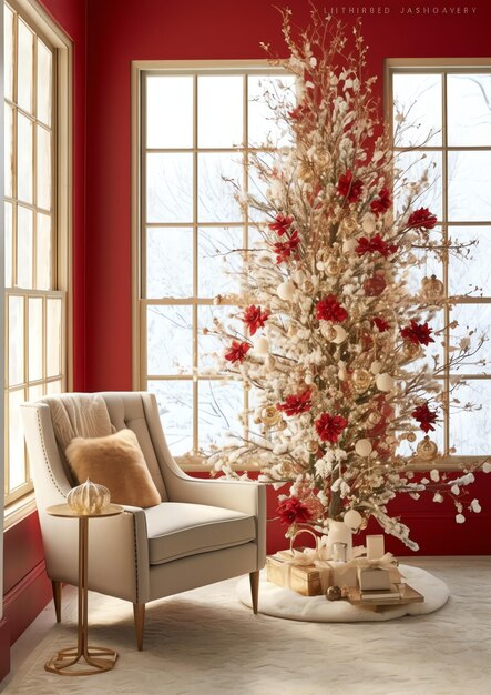 Przytulny salon z choinką i czerwonymi prezentami w nowoczesnym wnętrzu Wesołych Świąt w tle