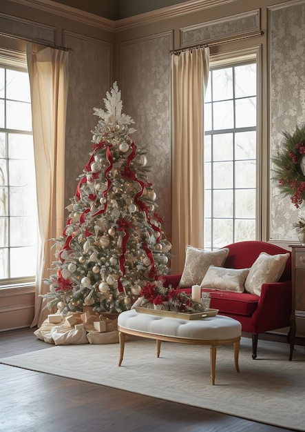 Przytulny salon z choinką i czerwonymi prezentami w nowoczesnym wnętrzu Wesołych Świąt w tle