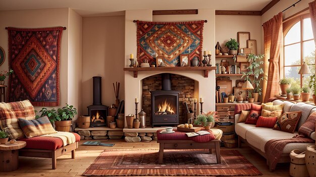 Przytulny salon z ciepłym kominkiem, rustykalnymi meblami i tętniącym życiem gobelinem wiszącym na ścianie
