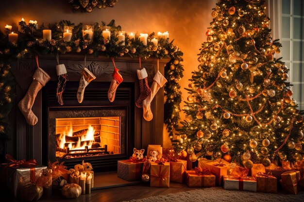 Przytulny salon z kominkiem i choinką w klasycznym wnętrzu Wesołe Boże Narodzenie