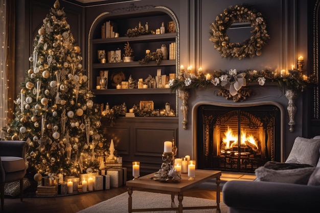 Przytulny salon z kominkiem i choinką w klasycznym wnętrzu Wesołych świąt w tle