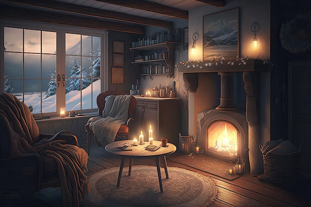 Przytulny salon z kominkiem i ciepłym oświetleniem w zimowy wieczór