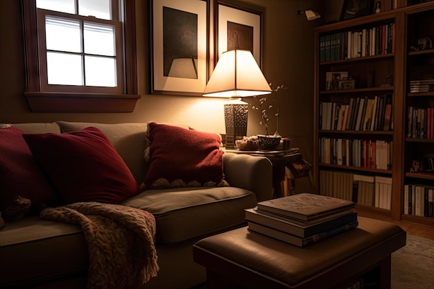 Przytulny salon z miękkimi siedzeniami, ciepłym oświetleniem i stosem książek