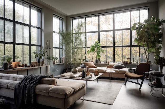Przytulny salon z oknami sięgającymi od podłogi do sufitu, naturalnym światłem i roślinami pokojowymi