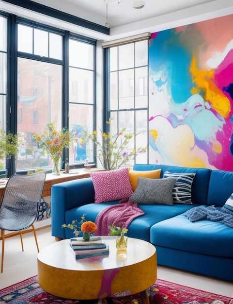 Przytulny salon z pluszową kanapą i dużym oknem z żywym malowidłem ściennym przedstawiającym abstrakcje