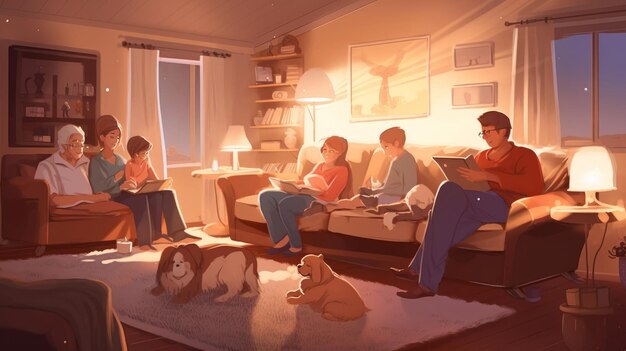Przytulny salon z rodziną oglądającą film lub grającą w gry planszowe Zwierzęta domowe wygodne poduszki ciepłe koce i przytulne oświetlenie tworzą komfortową atmosferę