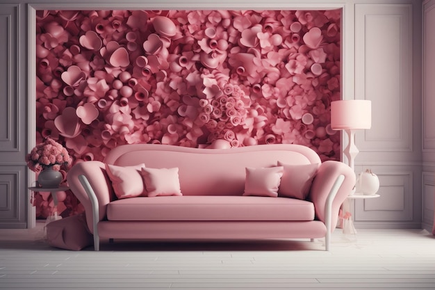 Przytulny salon z różową ścianą i dopasowaną różową kanapą Generative AI
