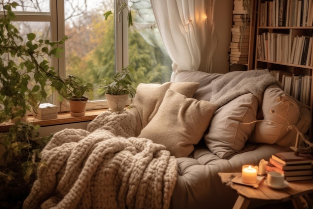 Przytulny salon z wygodną kanapą i naturalnym światłem wpadającym z okna Generative AI
