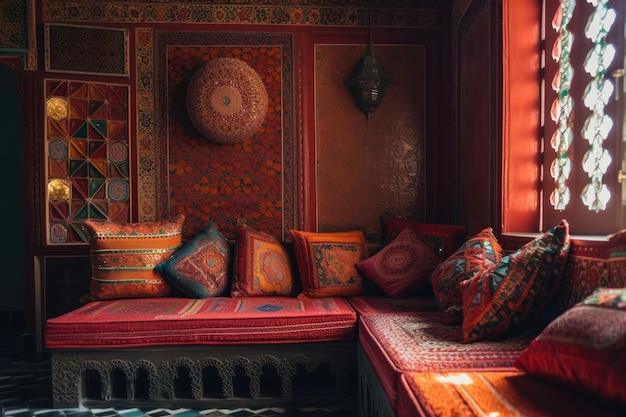 Zdjęcie przytulny salon z żywą czerwoną kanapą i wieloma poduszkami generative ai
