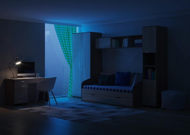 Przytulny stylowy pokój przeznaczony dla nastolatka. Noc. Oświetlenie wieczorne. Renderowanie 3D.