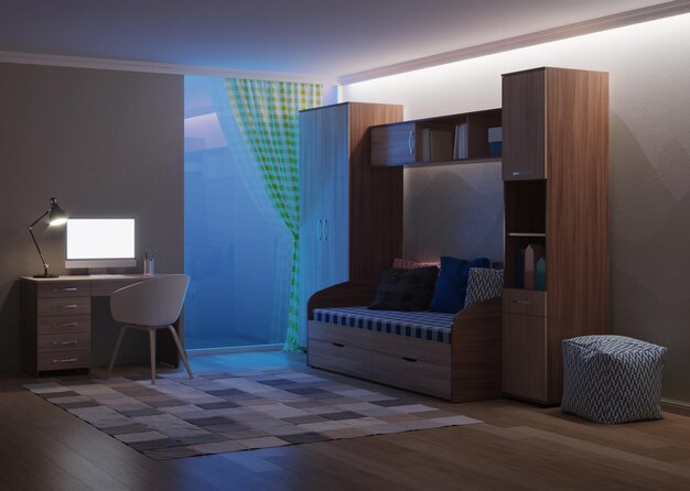 Przytulny stylowy pokój przeznaczony dla nastolatka. Noc. Oświetlenie wieczorne. Renderowanie 3D.
