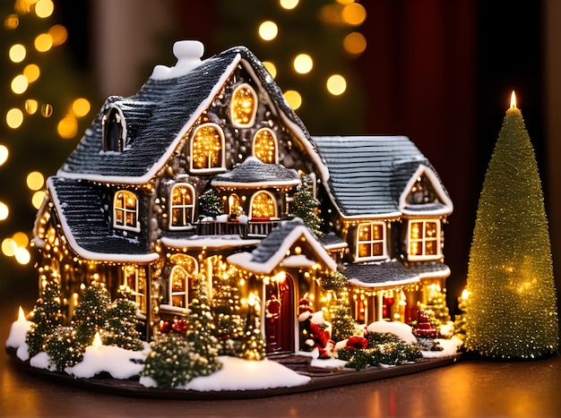 Przytulny, świąteczny dom ceramiczny, szczegółowy filmowy HDR K ze świecą. Wygenerowano generatywną sztuczną inteligencję