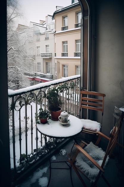 Przytulny taras miejski z małym okrągłym stołem i krzesłami zimą