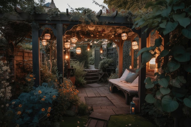 Przytulny zaciszny ogród z latarniami na pergoli i miękkimi siedziskami