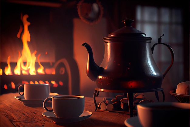 Przytulny zimowy dzień Kubek z gorącą herbatą na drewnianym stole przed kominkiem jako tło