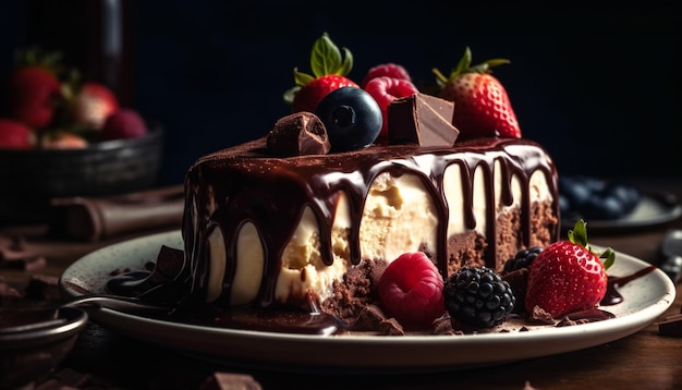 Przyzwoity czekoladowy cheesecake z dekoracją z świeżych jagód na wiejskim drewnie wygenerowanym przez sztuczną inteligencję