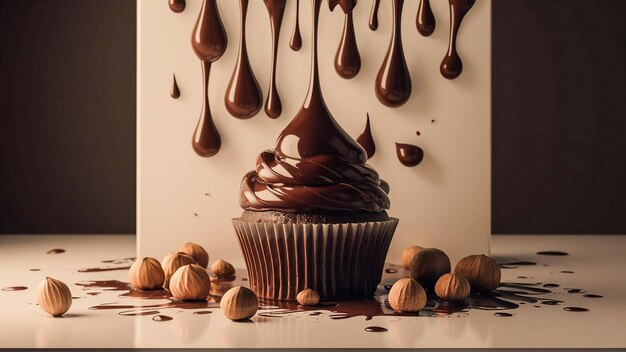 Zdjęcie przyzwoity czekoladowy ciasto z kremowym dodatkiem i czekolatkowym deszczem