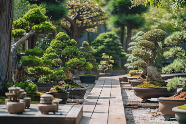 Zdjęcie przyzwoity i dobrze utrzymany rząd miniaturowych drzew bonsai stojący w starannie zaprojektowanym ogrodzie scena parku z aleją z pięknie przyciętymi drzewami bonsai