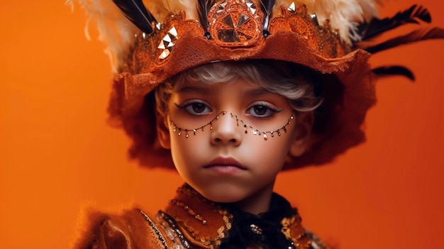 PSD Edytowalne dzieci ubrane w kostium na Halloween i makijaż na pomarańczowym, odizolowanym tle