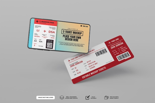 PSD Horizontal E Ticket z koncepcji modelu smartfonu lub telefonu komórkowego z wydrukowanym biletem