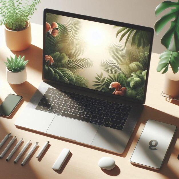 PSD pływający model laptopa z miękkimi cieniami roślin
