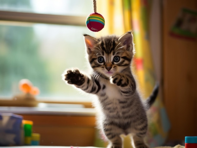 Zdjęcie psotny kotek żartobliwie uderzający w wiszącą zabawkę