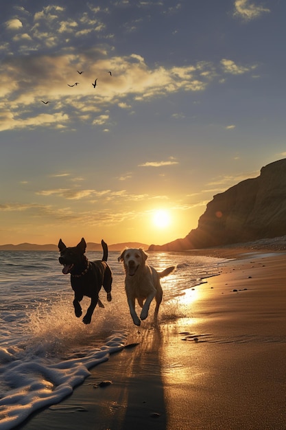 psy biegnące po plaży o zachodzie słońca przy zachodzie słońca