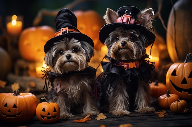 Psy domowe w fantazyjnych kostiumach na Halloween stworzonych przy użyciu generatywnej sztucznej inteligencji