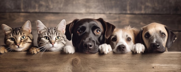 Psy i koty patrzą na przezroczystą drewnianą górną linię petshop baner szczęśliwy uśmiech zabawny generatywny AI obraz weber