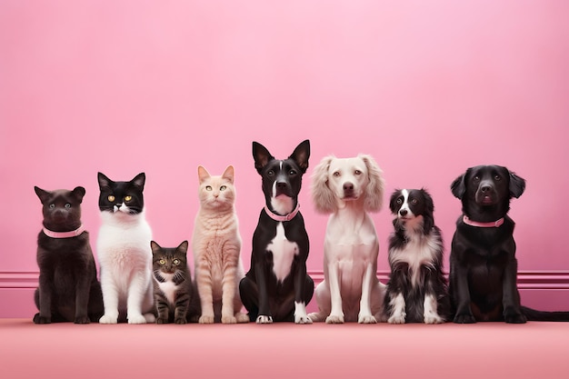 Psy i koty ułożone w kolejce do portretu przed bezszwowym różowym tłem Mieszane rasy